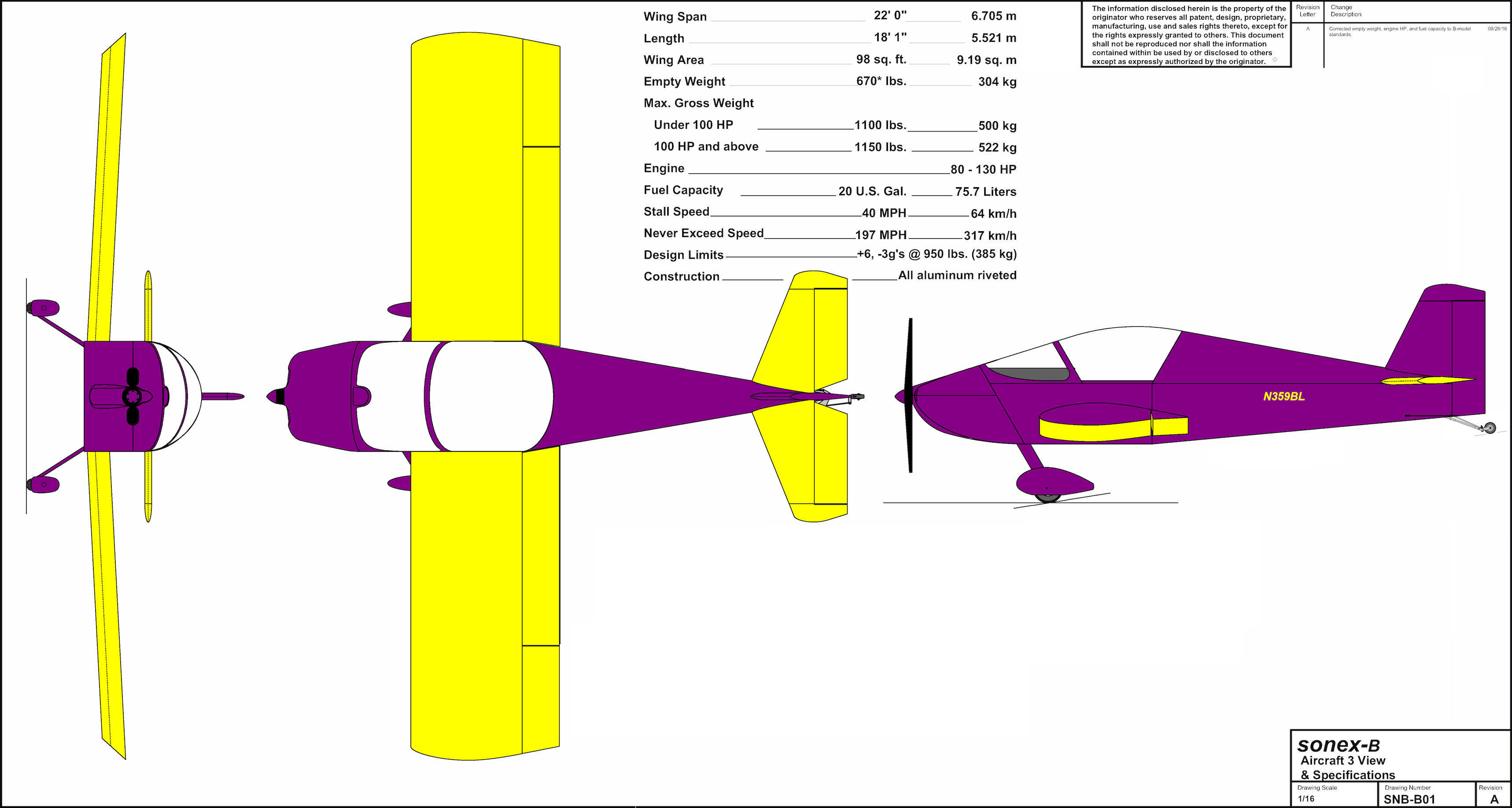 Sonex-B Aircraft 3 View & Specifications (N359BL)